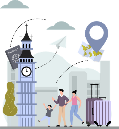 Famille profitant de vacances à Londres  Illustration