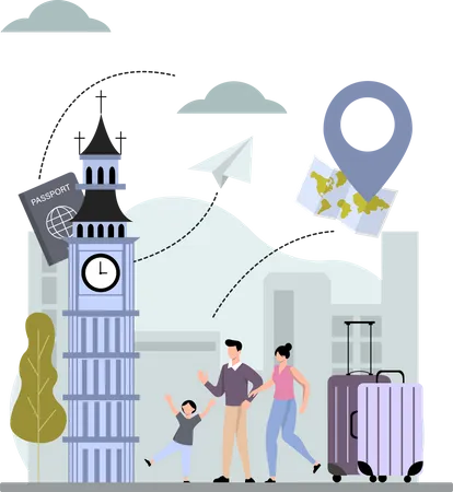 Famille profitant de vacances à Londres  Illustration