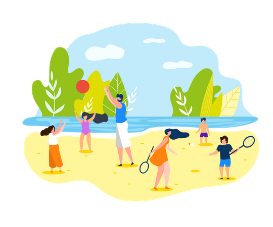 Famille profitant de vacances à la plage  Illustration