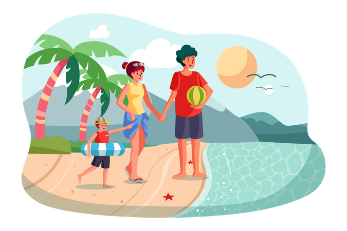 Famille profitant de vacances à la plage  Illustration