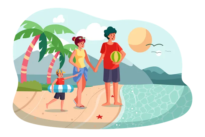 Famille profitant de vacances à la plage  Illustration