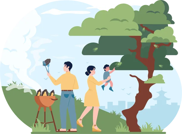 Famille bénéficiant d'un barbecue dans le jardin  Illustration