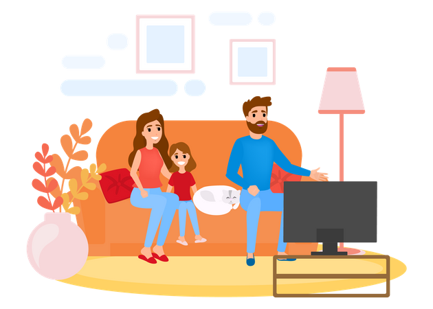Famille regardant la télévision tout en étant assis sur un canapé ensemble  Illustration