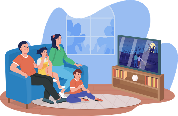Famille regardant un film d'horreur ensemble à la maison  Illustration