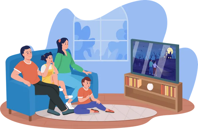 Famille regardant un film d'horreur ensemble à la maison  Illustration