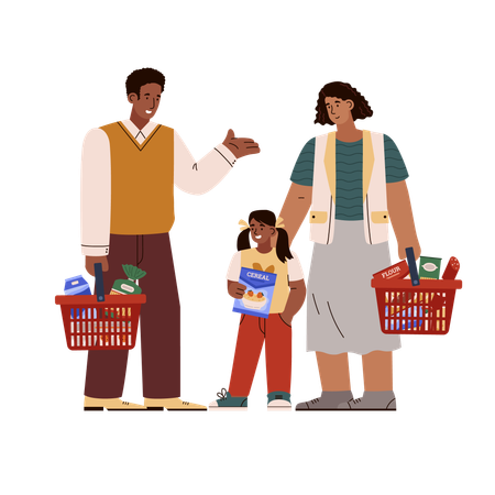 Une famille remplit des paniers de produits d'épicerie coûteux  Illustration