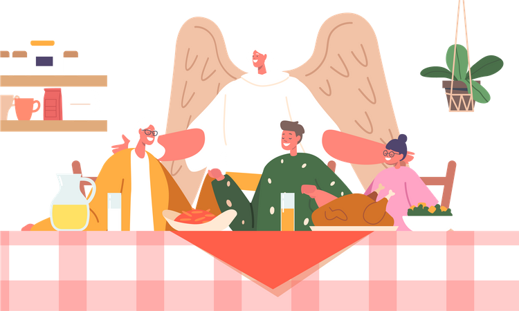 Famille réunie autour d'une table avec de la dinde et priant pendant qu'un ange  Illustration