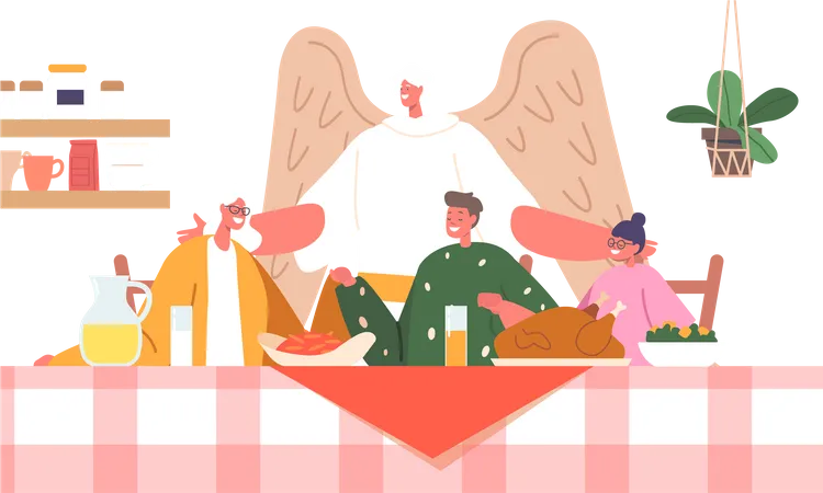 Famille réunie autour d'une table avec de la dinde et priant pendant qu'un ange  Illustration