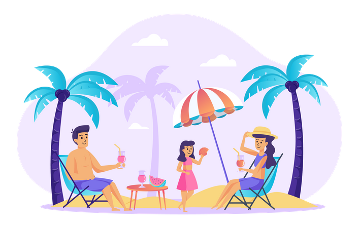 Famille se reposant à la plage  Illustration