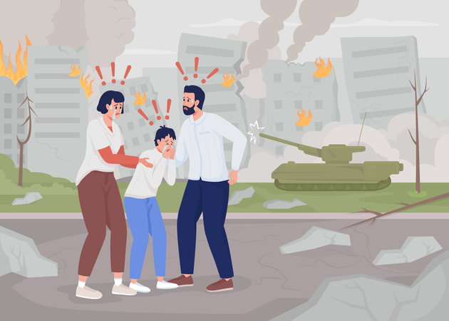 Famille terrifiée dans une ville détruite  Illustration