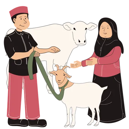 Familles musulmanes avec des animaux sacrificiels  Illustration