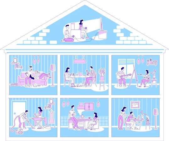 Family Activities In Apartments Flat Silhouette Vector Illustration Set Man And Woman Doing House Chores Couple Outline Characters On Blue Background Home Recreation Simple Style Drawing Illustration