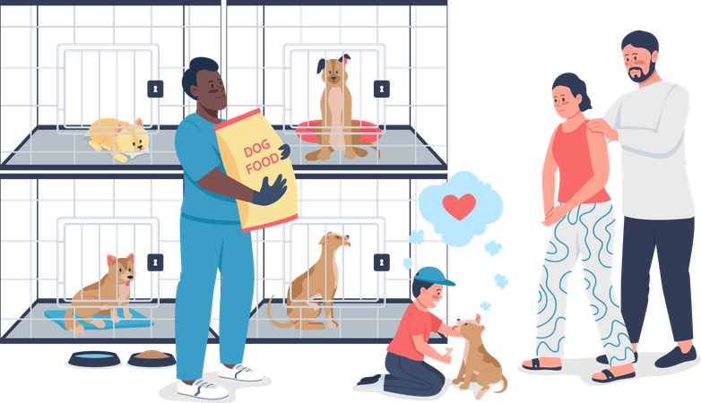 Family adopting dog from rescue shelter  Illustration