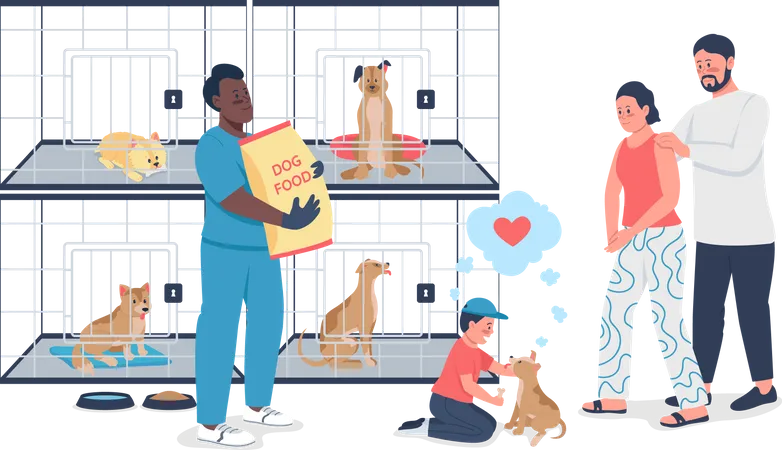 Family adopting dog from rescue shelter  Illustration