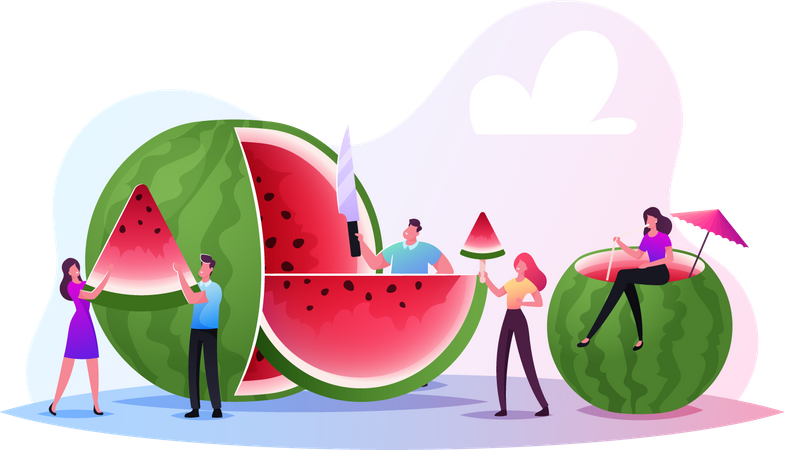 Family and Friends Eating Watermelon Illustration