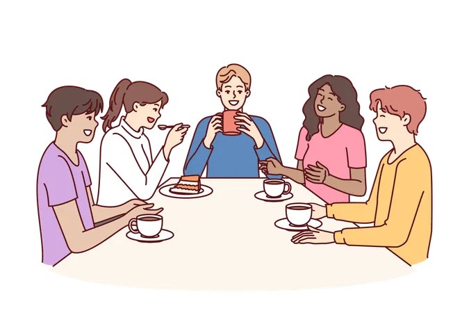 Group Of Multiethnic Colleagues Drink Coffee Sitting At Table During Break And Laugh Telling Funny Jokes Happy People In Casual Wear Relaxing Enjoying Socializing And Meeting With School Friends Illustration