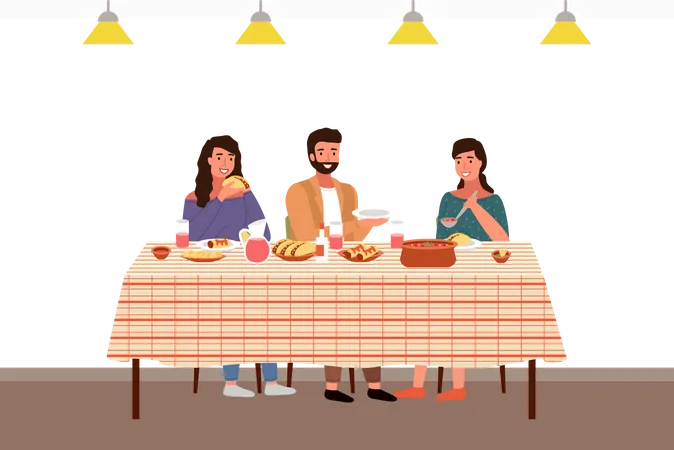 Family At A Mexican Style Evening Dinner Girl Puts Salsa On A Guy S Plate Woman Is Eating Tacos Characters Are Eating Mexican Cuisine Dishes People In National Costumes Have Dinner At Home Illustration