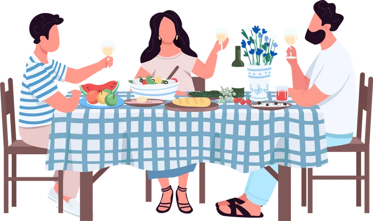 Family At Dinner Table Semi Flat Color Vector Characters Sitting Figures Full Body Person On White Eating And Drinking Simple Cartoon Style Illustration For Web Graphic Design And Animation Illustration