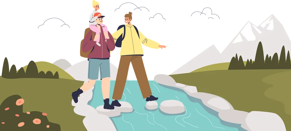 Family at hiking spot Illustration