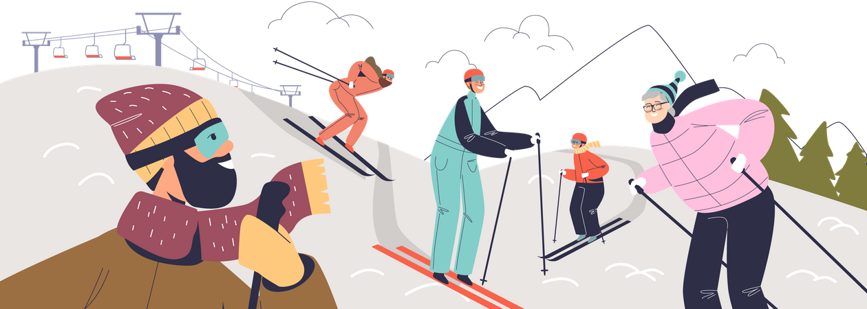 Family at ski resort  Illustration