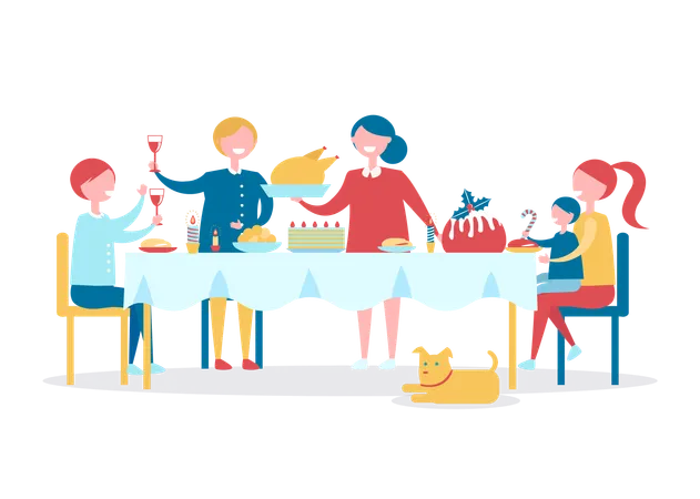 Family At Table Has Delicious Christmas Dinner With Huge Turkey And Traditional Cake Decorated With Holly Plant Isolated Vector Illustration イラスト