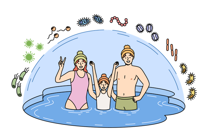 Family bathes in ice pond to improve immunity while standing in water covered with dome  Illustration