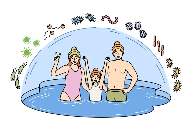 Family bathes in ice pond to improve immunity while standing in water covered with dome  Illustration