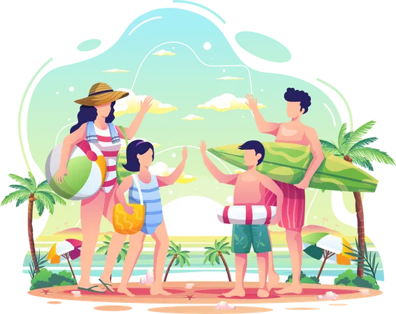 Happy Family Having Fun On The Beach During Summer Flat Vector Illustration Illustration