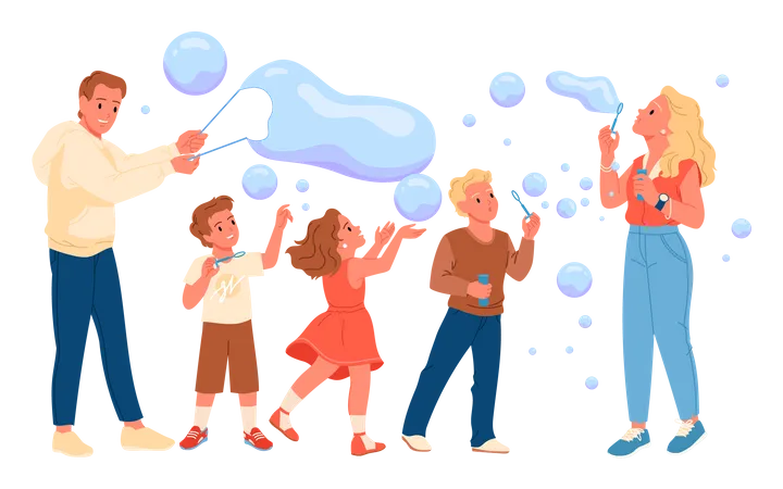 Family blowing bubbles and having fun  Illustration