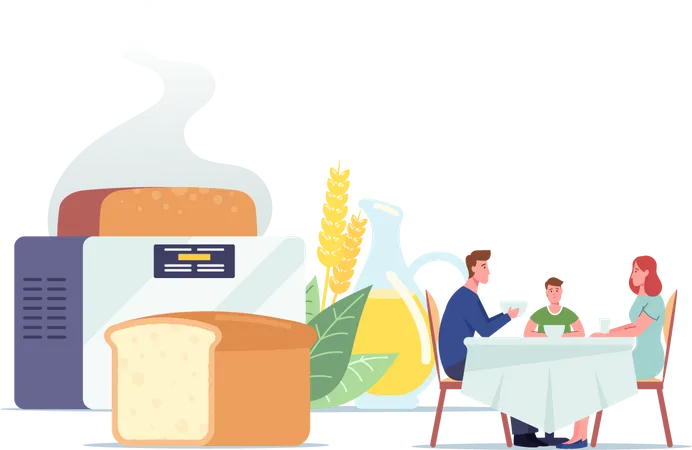Happy Family Mother Father And Child Characters Sitting At Table Dining Eating Homemade Bread Near Huge Freshly Baked Loaf And Elcetrical Baker Home Made Food Cartoon People Vector Illustration Illustration