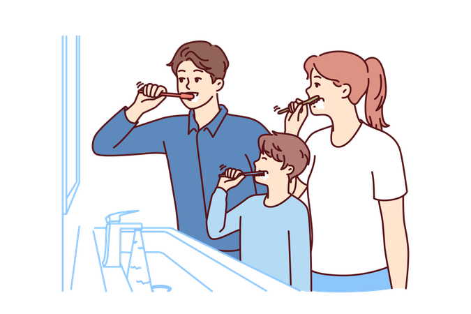 Family brushes teeth together standing in bathroom near mirror  일러스트레이션