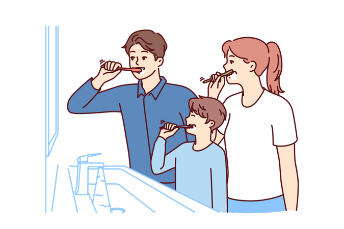 Family brushes teeth together standing in bathroom near mirror  Illustration