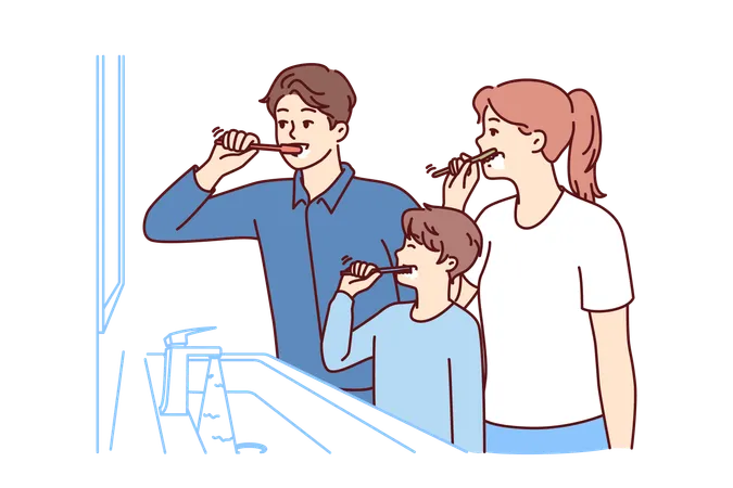 Family Brushes Teeth Together Standing In Bathroom Near Mirror To Teach Boy Morning Hygiene Procedures Mom And Dad With Son Use Toothbrushes To Clean Mouth After Eating To Avoid Teeth Caries 일러스트레이션