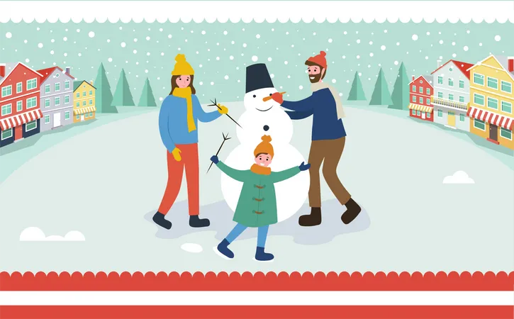 Family Sculpts Snowman Building Of Winter Character Vector Woman And Man Father Mother Child Holding Branch Carrot Nose And Bucket Of Snowballs Illustration