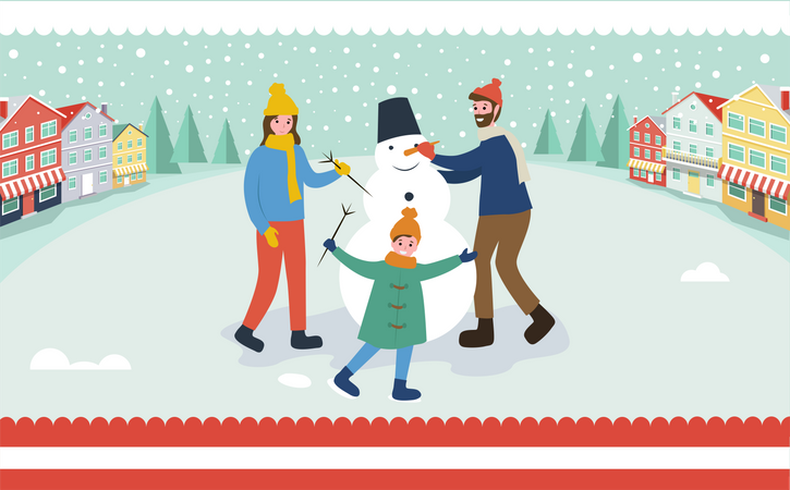 Family Building Snowman in Winter  Illustration