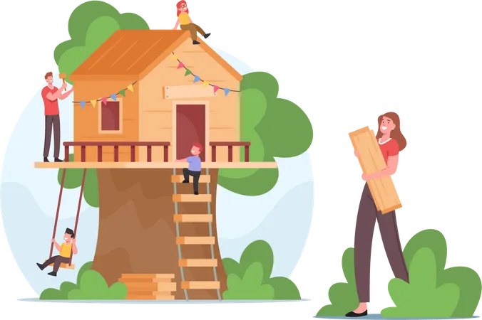 Family Building Treehouse all Together  Illustration