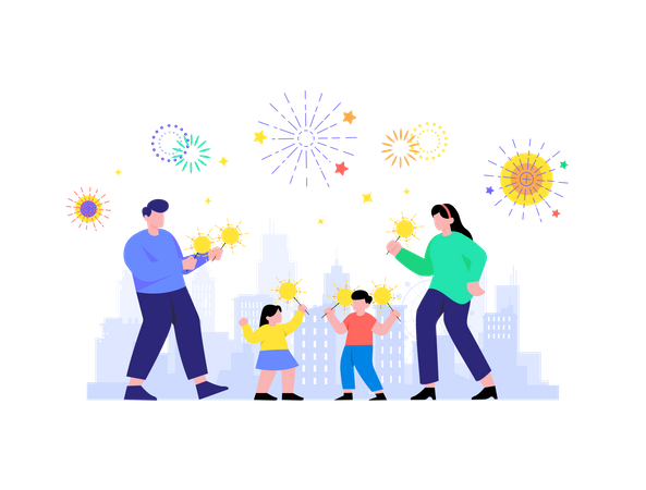 Family bursting firecrackers  イラスト