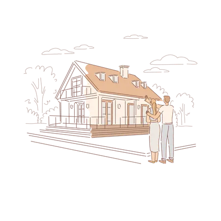 Young Couple Planning For Dream Home Family Buying First Living Space Together Standing In Front Of Future Estate Banner Family House Cartoon Concept Sketch Flat Vector Illustration Illustration