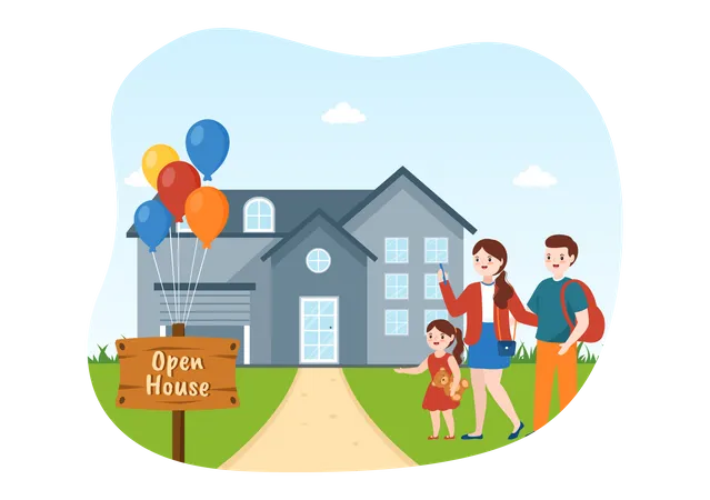 Open House For Inspection Property Welcome To Your New Home Real Estate Service In Flat Cartoon Hand Drawn Templates Illustration Illustration