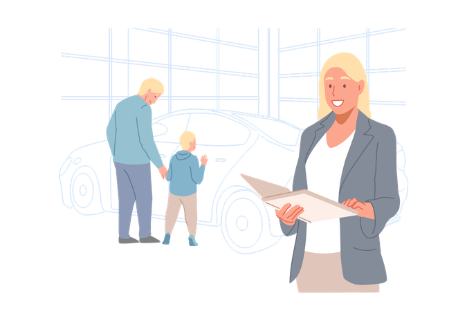 Family came to buy new car  Illustration