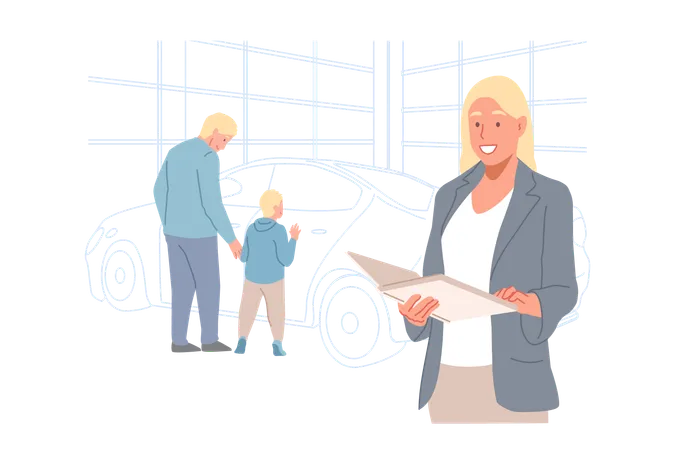 Family came to buy new car  Illustration