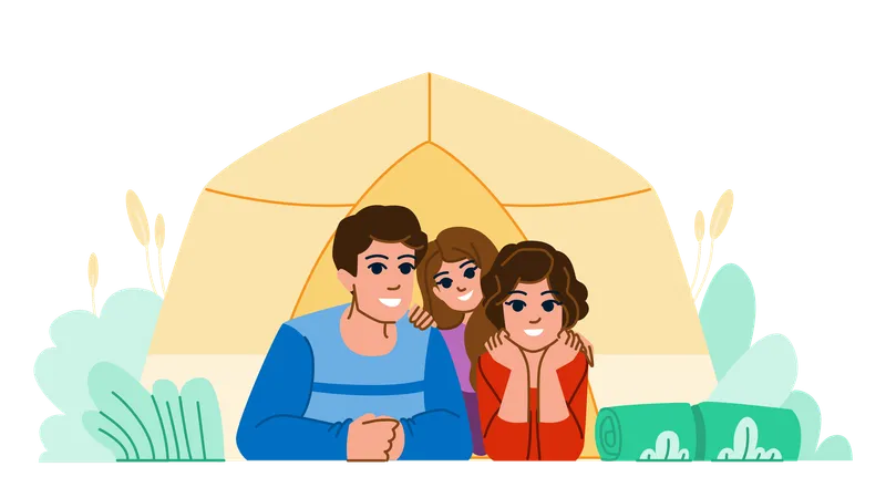 Family Camping Vector Holiday Adventure Vacation Nature Father Tent Happy Summer Mother Man Family Camping Character People Flat Cartoon Illustration Illustration