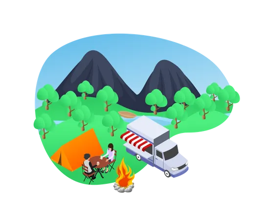Illustration Of A Family Camping In The Forest Isometric Style Illustration