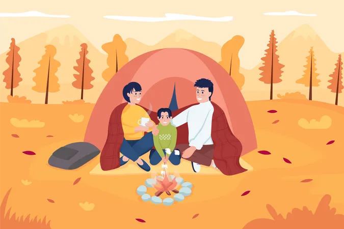 Family camping during fall Illustration