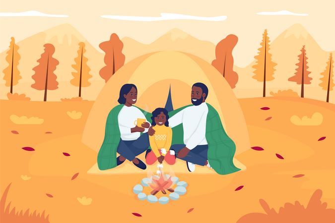 Family camping in autumn Illustration