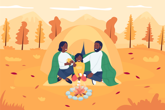 Family camping in autumn  Illustration