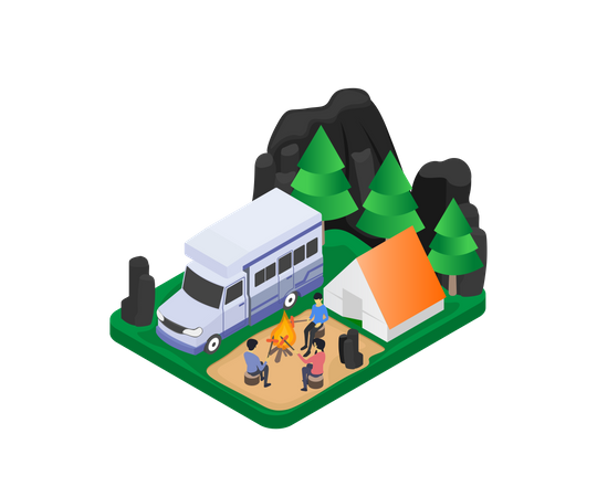 Family camping in jungle Illustration