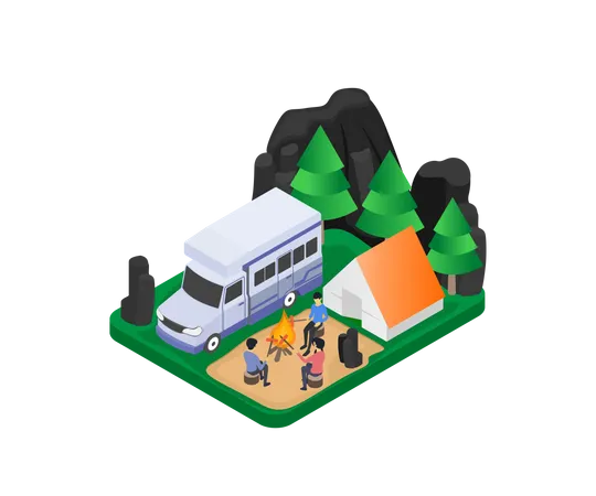 Family camping in jungle Illustration