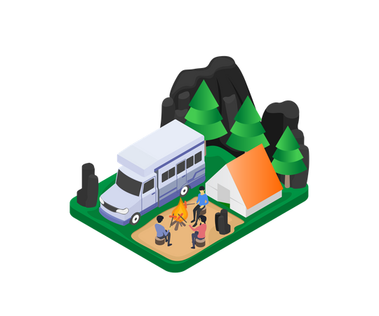 Family camping in jungle  Illustration