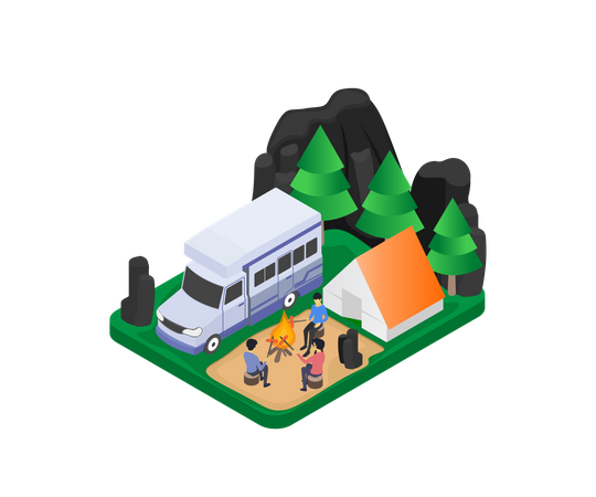 Family camping in jungle  Illustration